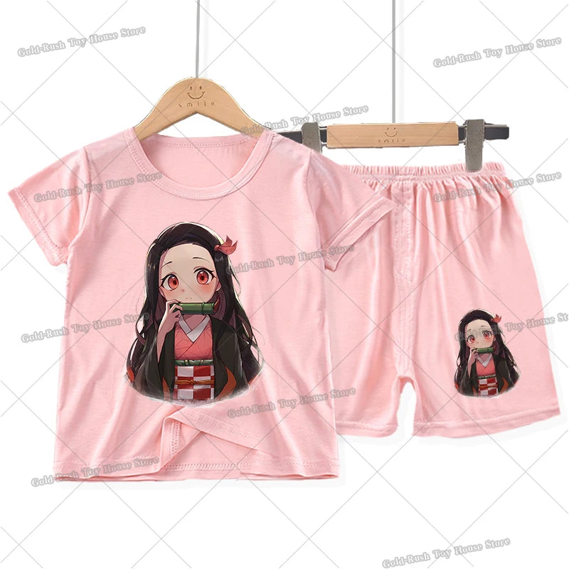 Demon Slayer Girl Pajamas Set Kamado Nezuko Kochou Shinobu Toddler Sleepwear 2pcs Cartoon Summer Home Tops Shorts Kids Pyjamas