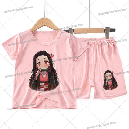 Demon Slayer Girl Pajamas Set Kamado Nezuko Kochou Shinobu Toddler Sleepwear 2pcs Cartoon Summer Home Tops Shorts Kids Pyjamas