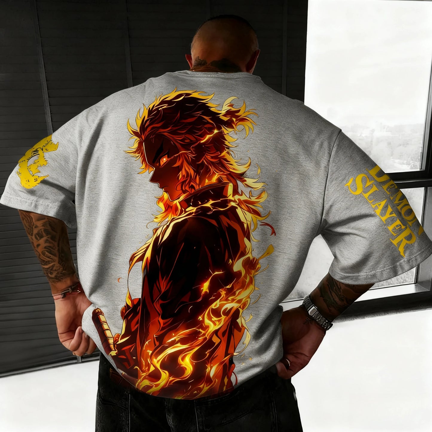 Demon Slayer Anime Rengoku Kyoujurou Printed T-shirt Summer New Men's Japanese Harajuku Loose Casual Children's Parent Child Top