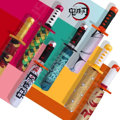 Demon Slayer Folding Katana Umbrella Tanjirou Zenitsu Anime UV Parasol Rain Gear Samurai Style Cosplay Display Photo Prop Decor