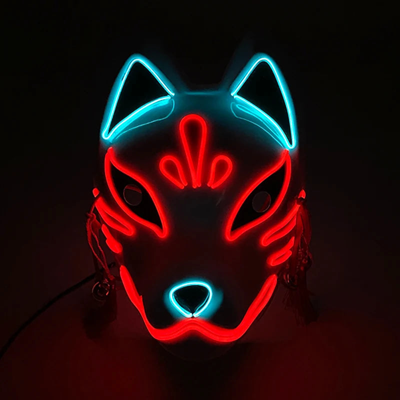 Glowing  Demon Slayer Mask Cosplay Japanese Cartoon Neon Light Samurai Mascara Luminous Led Fox Mask For Halloween Christmas