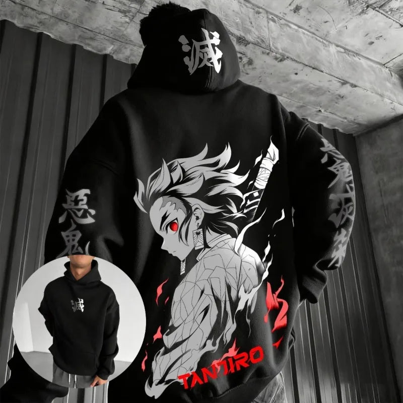 Unisex Demon Slayer Tanjiro Anime Hoodie Cotton Pullover Graphic Print Oversized Casual Streetwear Cosplay Y2k Long Sleeves Tops