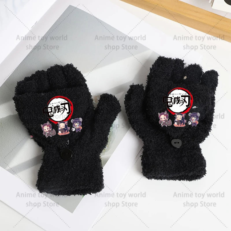 Demon Slayer Gloves Girl Boy Half Finger Flip Gloves Kamado Tanjirou Winter Outdoor Accessories Mittens Children Birthday Gifts