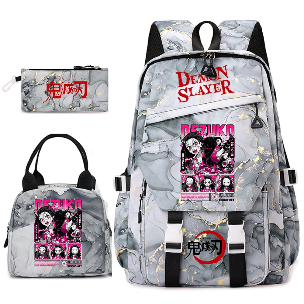 Demon Slayer Anime Backpack Set for Girls Demon Slayer 3Pcs School Bag Lunch Kit Pouch