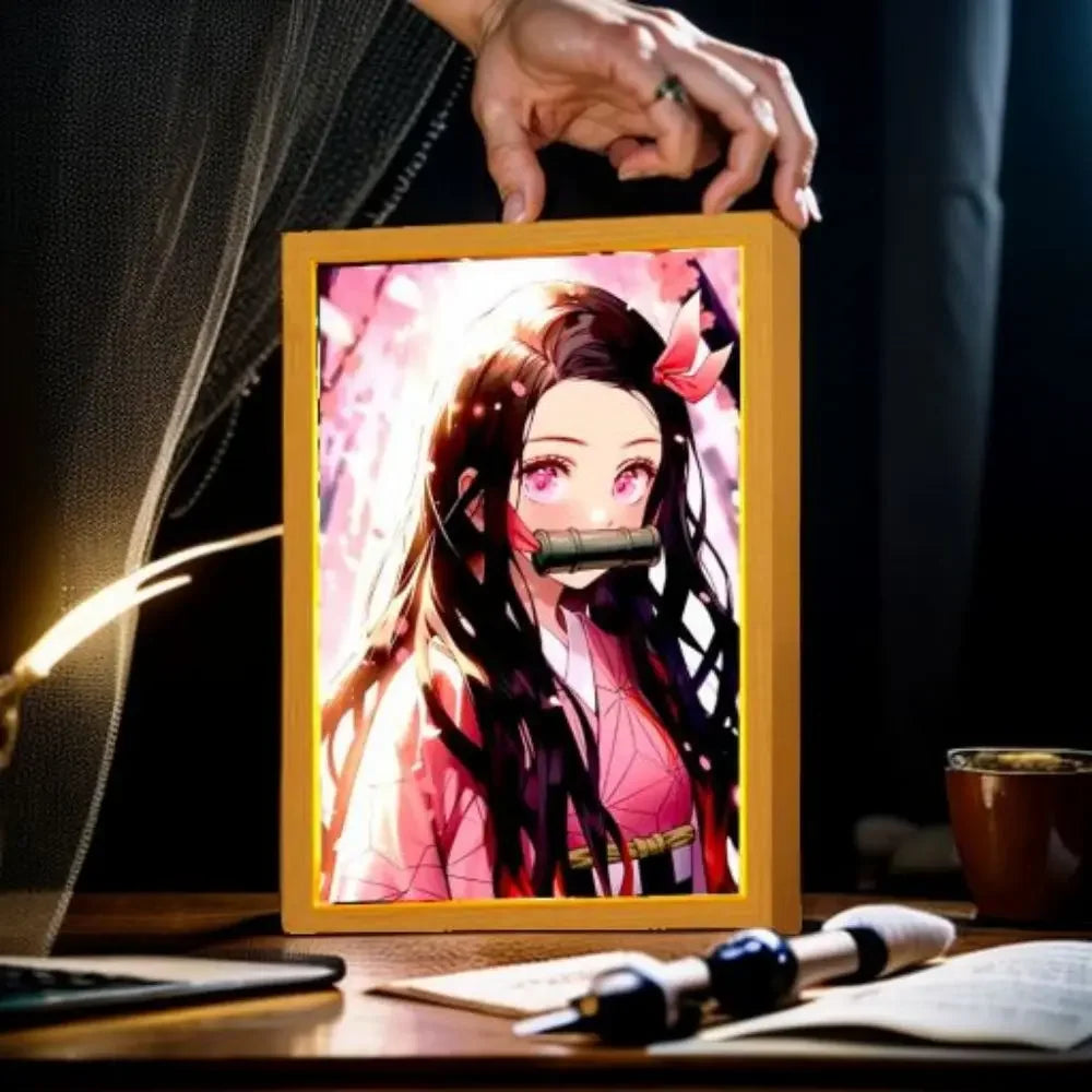 Anime Figure Light Painting Photo Frame USB Night Light Tanjirou Nezuko Zenitsu Action Led Lamps Bedroom Decor Chirstmas Gifts