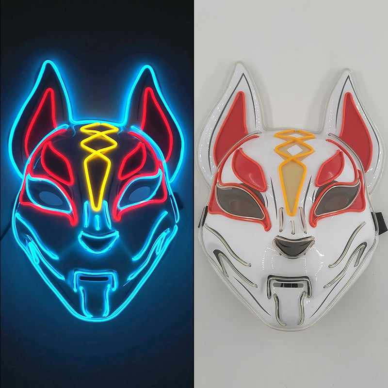 Glowing  Demon Slayer Mask Cosplay Japanese Cartoon Neon Light Samurai Mascara Luminous Led Fox Mask For Halloween Christmas
