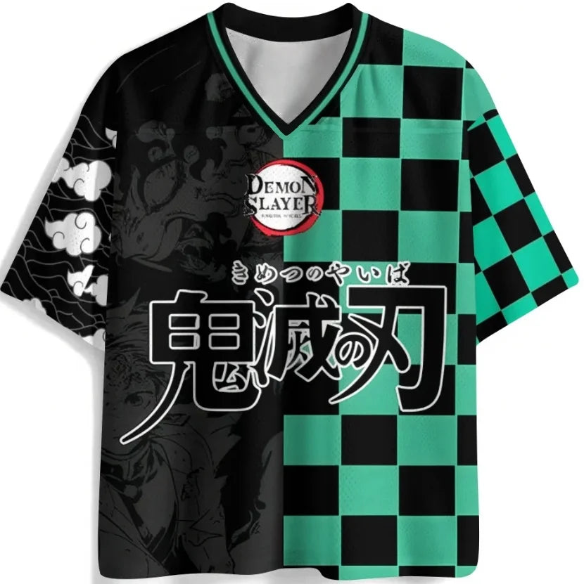 Summer Demon Slayer Black Green Checkered Jersey Print, Quick Dry Moisture Wicking Fabric, Athletic Streetwear For Adults Teens