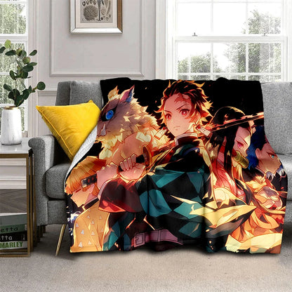 2026 Demon Slayer Tanjiro Kamado Water Breathing Print Flannel Blanket Double-sided All Seasons Throw Soft Nap Blanket for Home