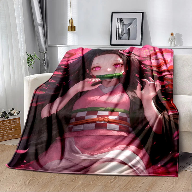 2026 Demon Slayer Tanjiro Kamado Water Breathing Print Flannel Blanket Double-sided All Seasons Throw Soft Nap Blanket for Home