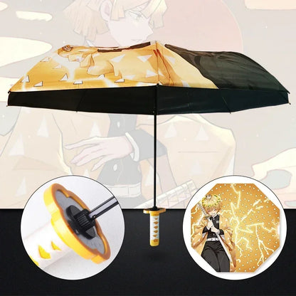 Demon Slayer Folding Katana Umbrella Tanjirou Zenitsu Anime UV Parasol Rain Gear Samurai Style Cosplay Display Photo Prop Decor