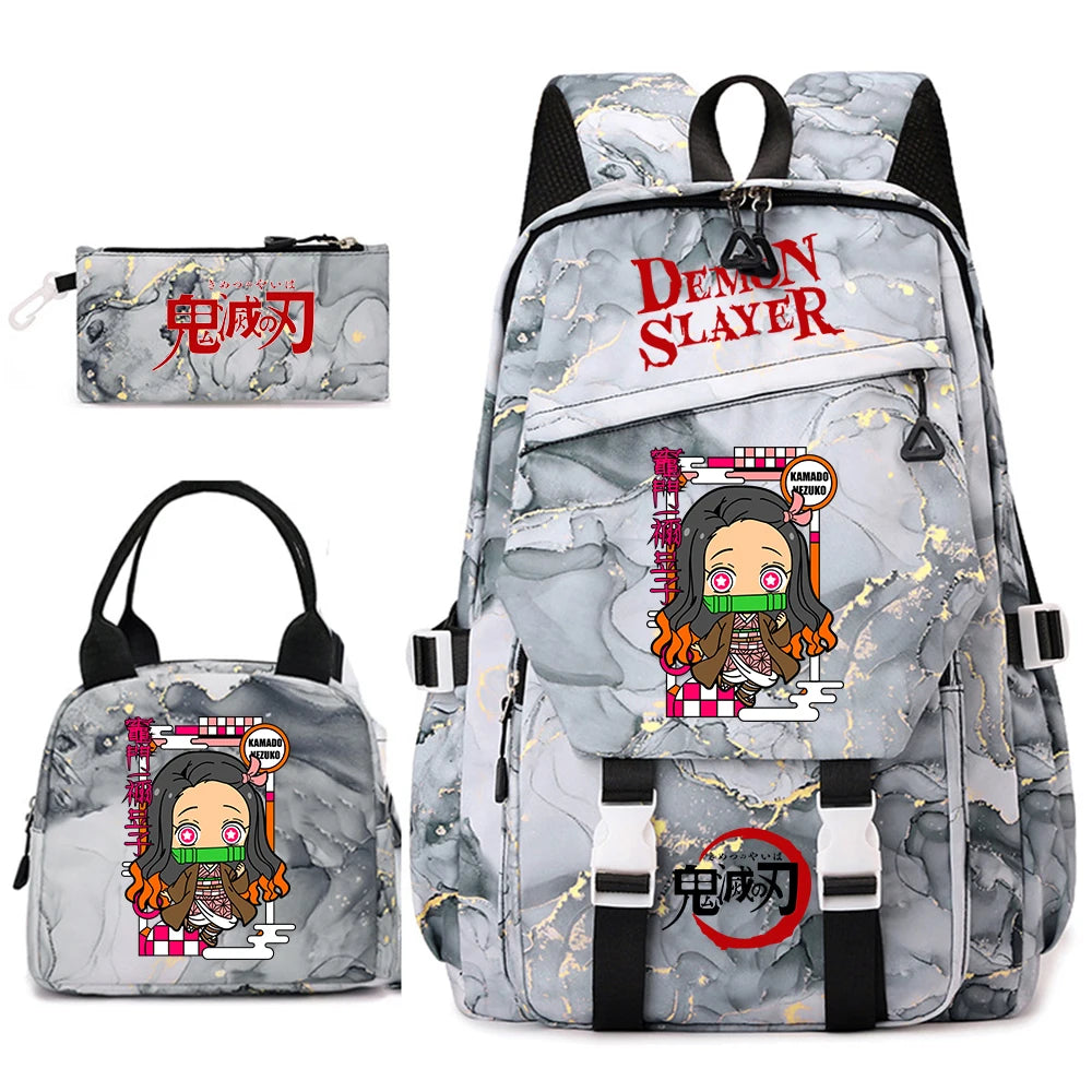 Demon Slayer Anime Backpack Set for Girls Demon Slayer 3Pcs School Bag Lunch Kit Pouch