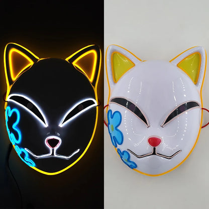 Glowing  Demon Slayer Mask Cosplay Japanese Cartoon Neon Light Samurai Mascara Luminous Led Fox Mask For Halloween Christmas