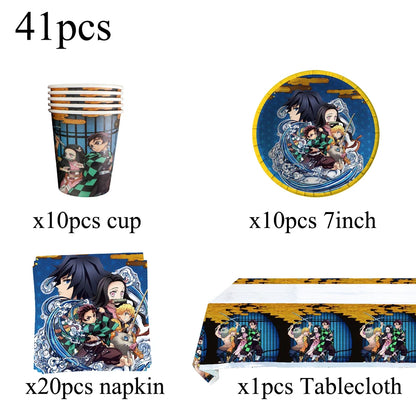 Demon Slayer Birthday Party Background Cloth Banner Balloons Paper Plates Napkins Tablecloth For Holiday Party Decor Supplies