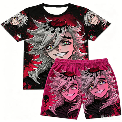 Demon Slayer Doma Red Splatter Print T-Shirt Shorts Set For Men Women Kids Soft Anime Summer Breathable Casual Loungewear Pajama