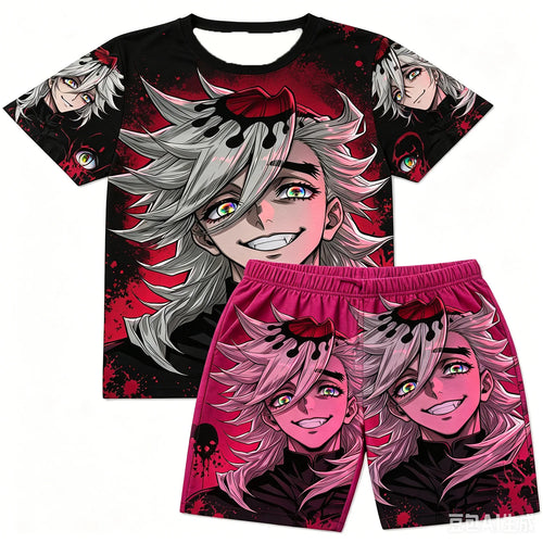 Demon Slayer Doma Red Splatter Print T-Shirt Shorts Set For Men Women Kids Soft Anime Summer Breathable Casual Loungewear Pajama