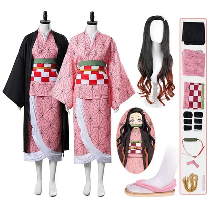 Anime Kamado Nezuko Cosplay Costume   Costumes Kimono Haori Wig Clogs Suit For Adult Children Hallow