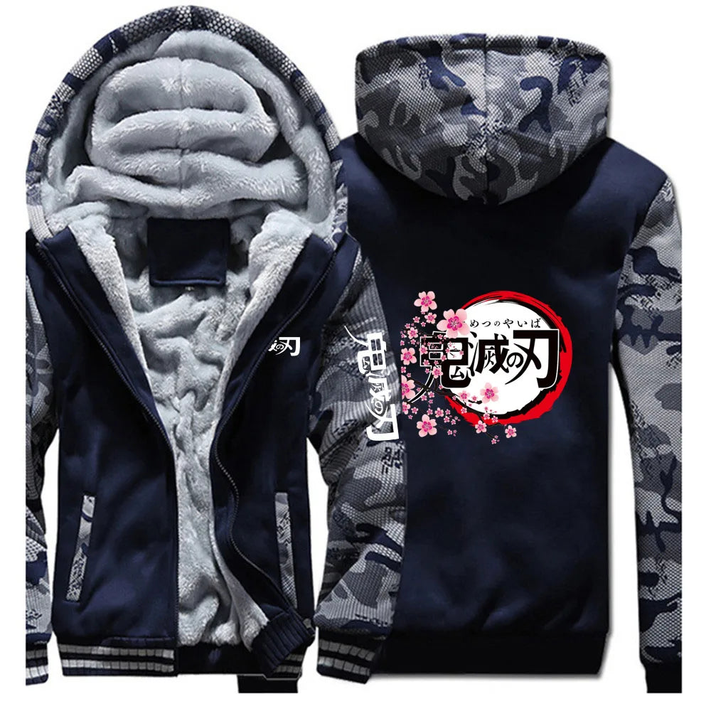 Anime Demon Slayer 2025 New Men Zip Up Hoodies Casual Fleece Sweatshirt Half Dome Full Zip Hooded Thicken Warm Coat Jacket