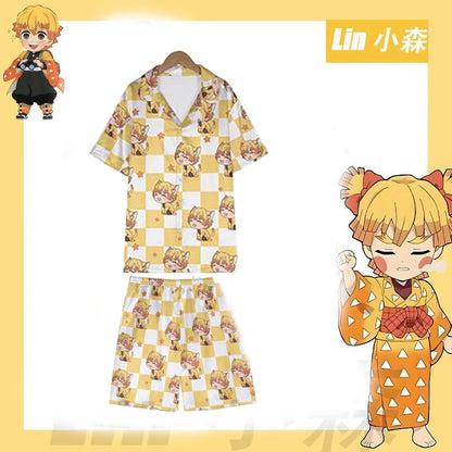 Anime Cosplay Homewear Demon Slayer Agatsuma Zenitsu Cute Pajama Set Demon Girl Pink Pattern Nightwear Loungewear Holiday Gift