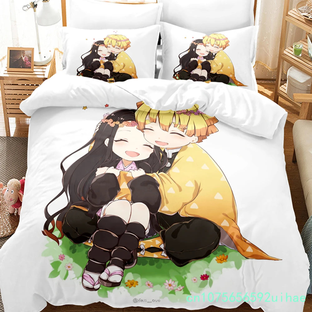 Kawaii Cartoon Demon Slayer Bedding Sets Duvet Cover Set With Pillowcase Twin Full Queen King Bedclothes Bed Linen Home Textiles