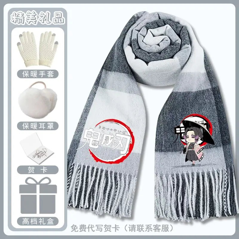 Anime Demon Slaye Nezuko Tanjiro Cartoon Printed Scarf Autumn Winter Men's and Women's Fashion Versatile Warm Grid Scarf