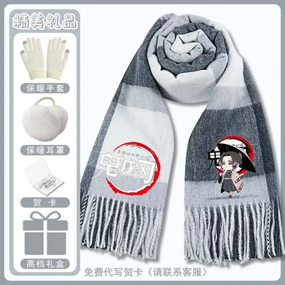 Anime Demon Slaye Nezuko Tanjiro Cartoon Printed Scarf Autumn Winter Men's and Women's Fashion Versatile Warm Grid Scarf