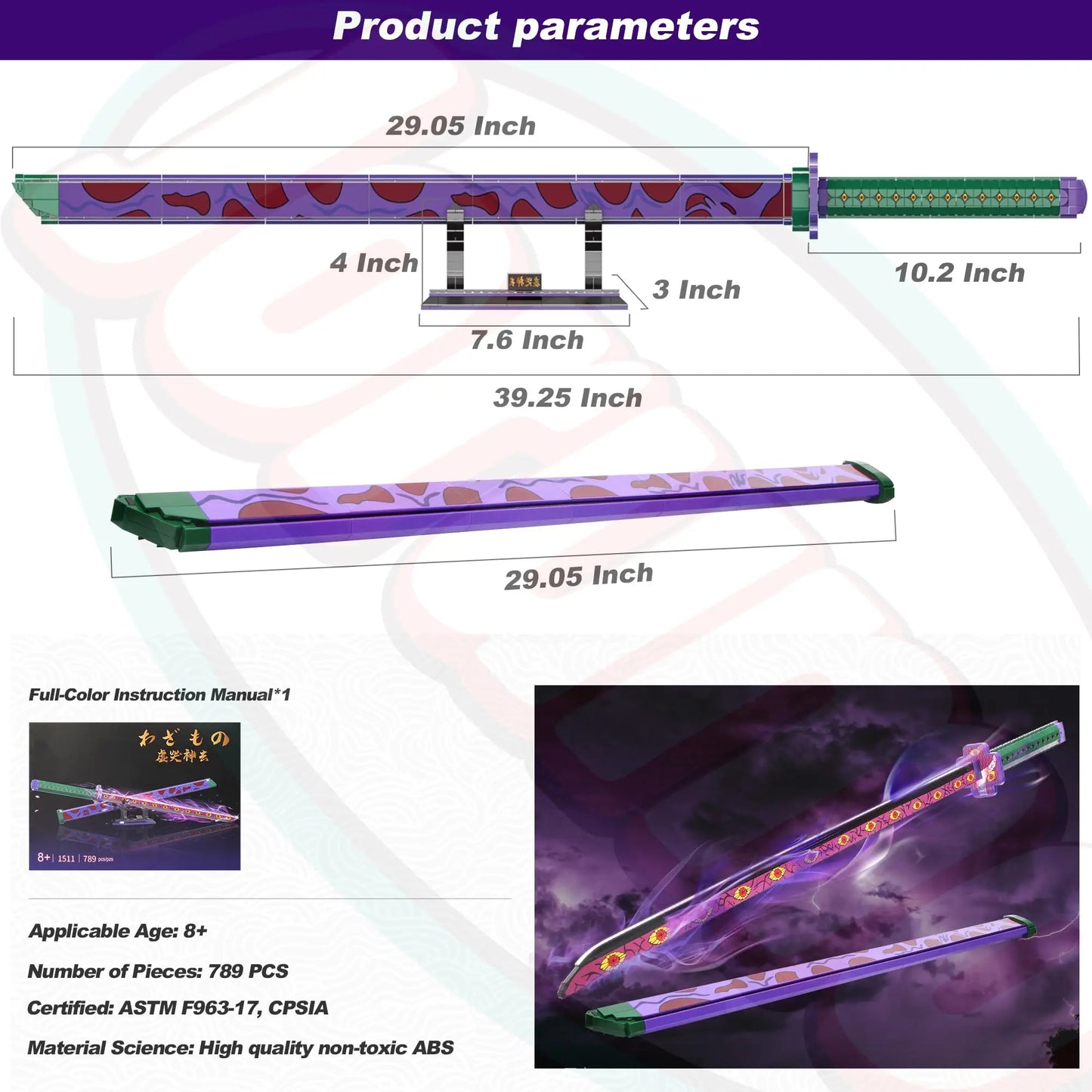 Demon Slayer Kokushibo Nichirin Sword Building Set, Anime Katana with Stand, Cosplay Collectible Model for Fans Teens Adults 14+