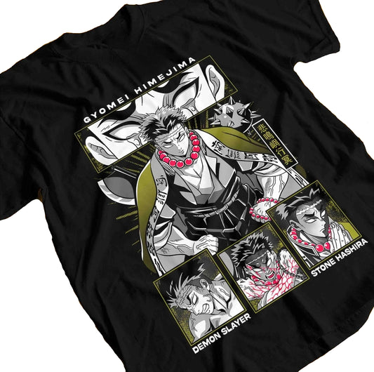 T-shirt noir, impression dorsale de Gyomei Himejima composée en planches de manga avec accents vert olive