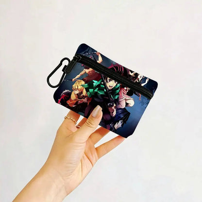 Anime D-DemonS Slayer Mini Oxford Cloth Coin Purse With Carabiner Hook Portable Key Card Wallet Small Zipper Storage Pouch