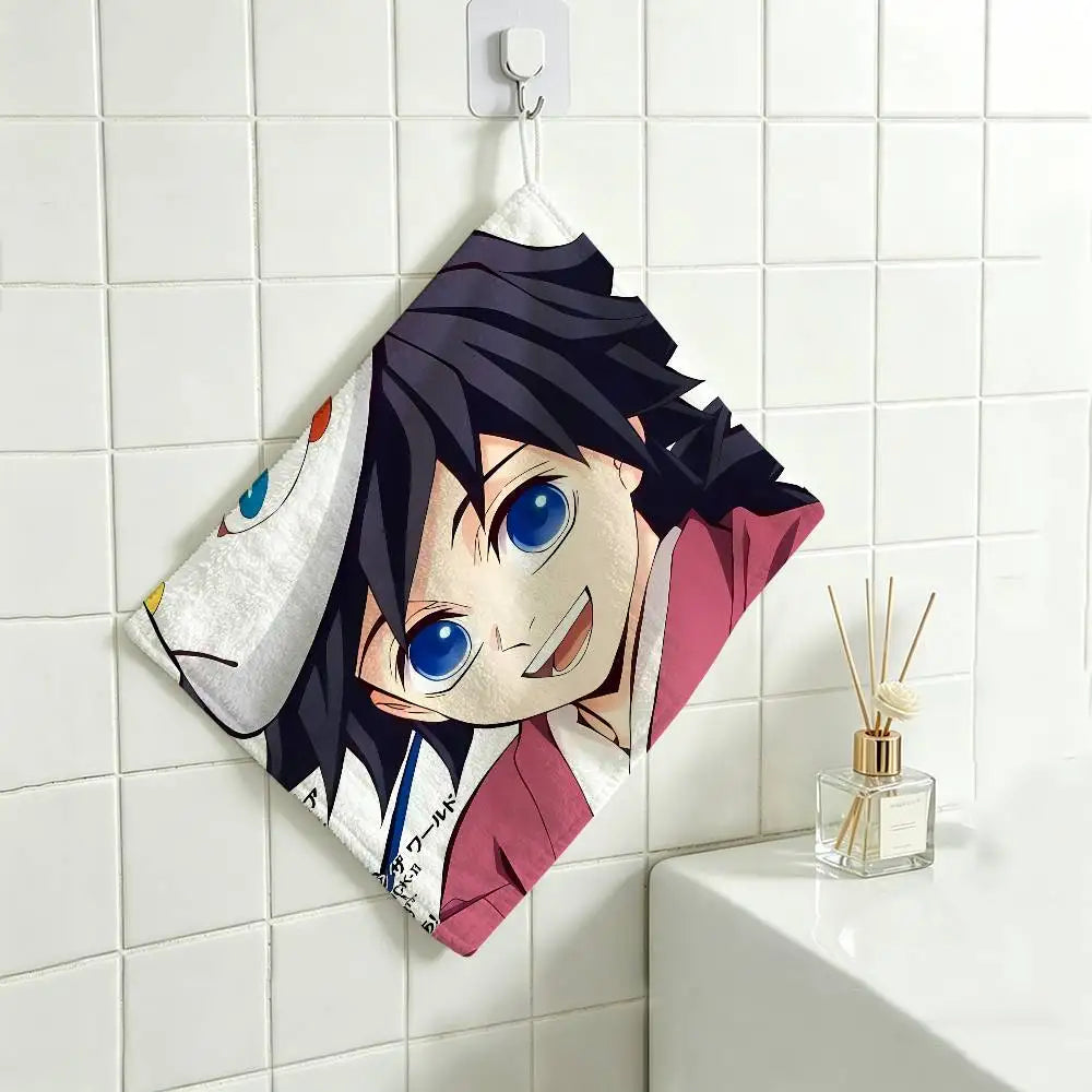 Cartoon Figure Giyu Tomioka Hanging Polyester Cotton Towel, Reusable Hand Wiping Cloth, Wear Resistant for Home Kitchen Sink