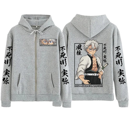 New Hot Anime Demon Slayer Shinazugawa Sanemi Zipper Hoodie Harajuku Pullover Tops Streetwear Sweatshirt