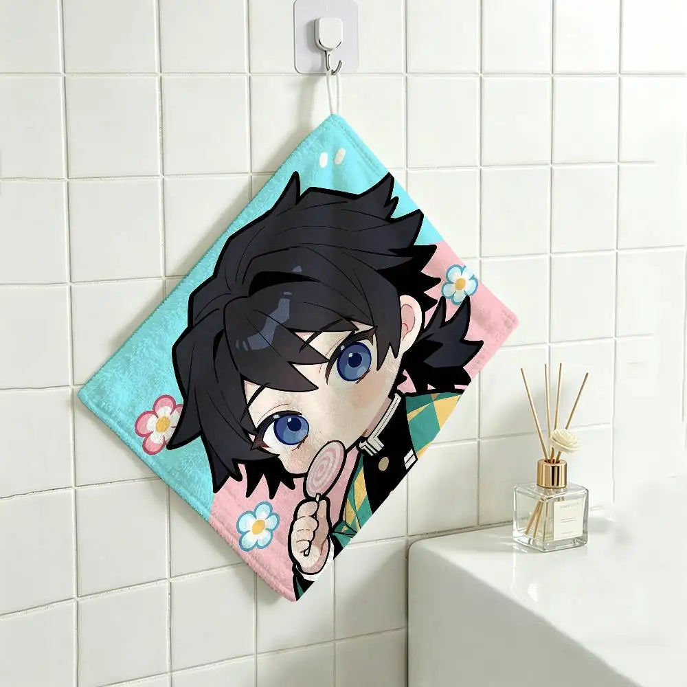Cartoon Figure Giyu Tomioka Hanging Polyester Cotton Towel, Reusable Hand Wiping Cloth, Wear Resistant for Home Kitchen Sink