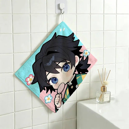 Cartoon Figure Giyu Tomioka Hanging Polyester Cotton Towel, Reusable Hand Wiping Cloth, Wear Resistant for Home Kitchen Sink