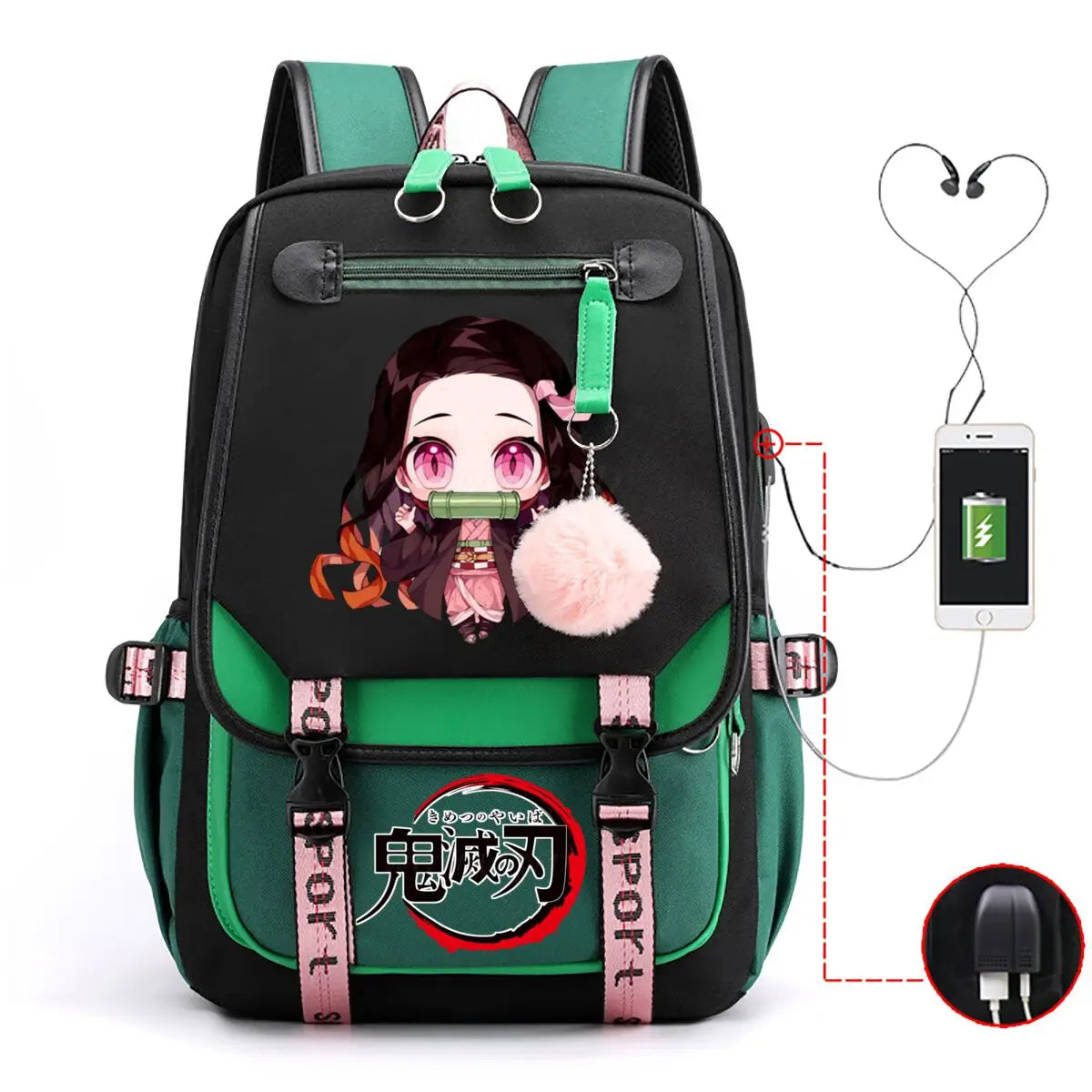 Anime Kamado Nezuko Print Backpacks Women Girls USB Charging Bags Large Capacity Children Teeneger Schoolbags Travel Bagpacks