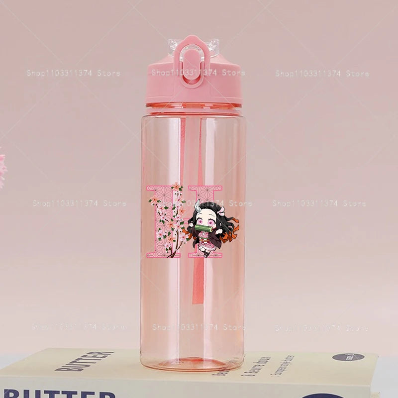 Demon Slayer Pink Water Bottle with Straw Cute Drinking Bottles Letter A-z Summer Sports Portable Water Cup Child Birthday Gift