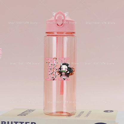 Demon Slayer Pink Water Bottle with Straw Cute Drinking Bottles Letter A-z Summer Sports Portable Water Cup Child Birthday Gift