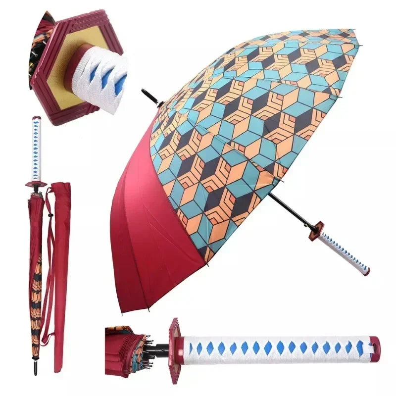 Demon Slayer Katana Umbrella Kimetsu Long Rain Parasol UV Blocking Anime Samurai Style Cosplay Display Photo Prop Long Handle