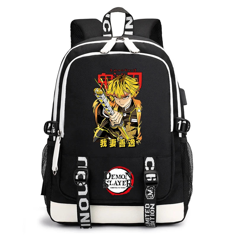 Demon Slayer Anime Print Student Backpack USB Charging Port Lightweight School Bag for Boys Girls