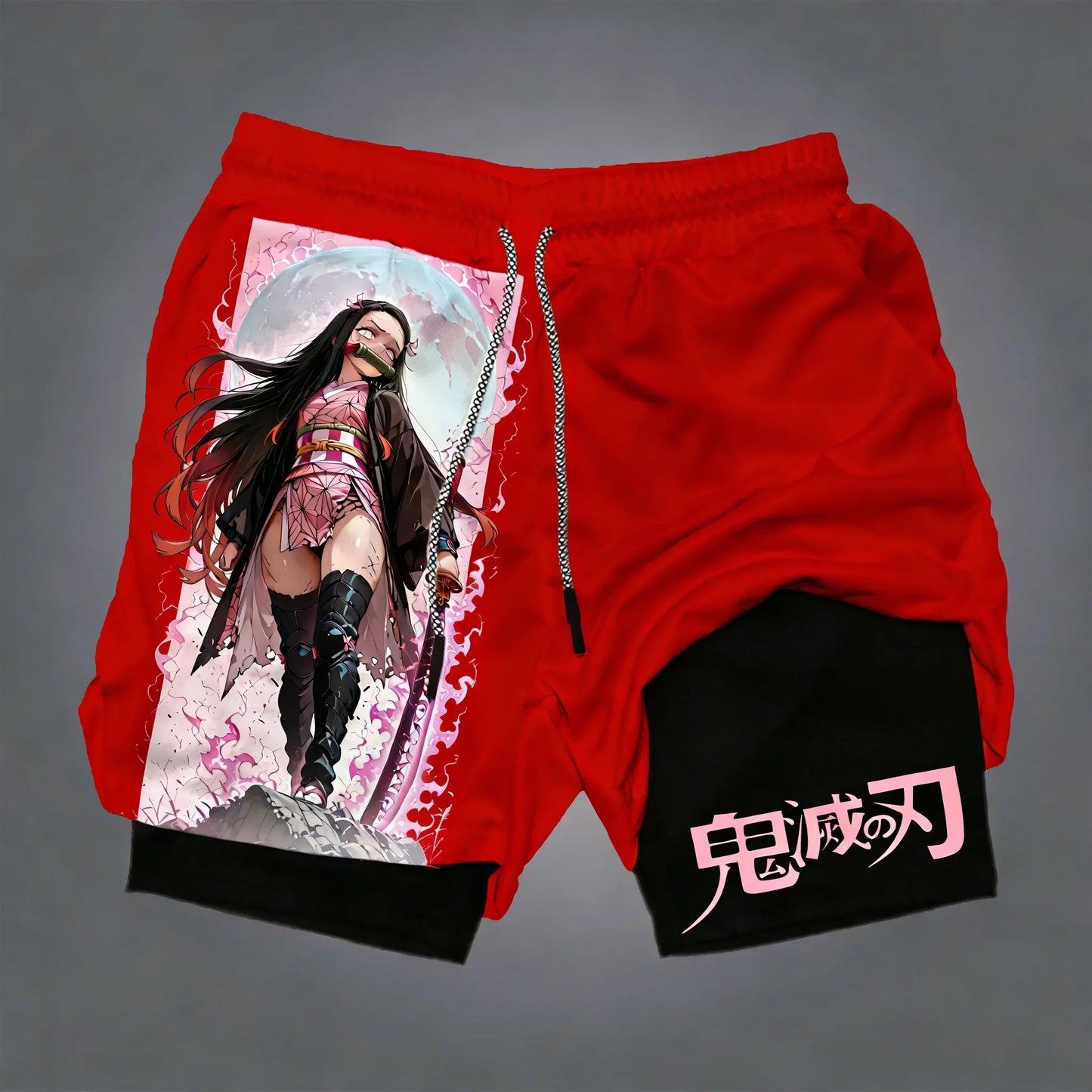 Demon Slayer Men's Summer Double Layer Shorts New Nezuko Anime Printed Gym Quick Drying Breathable 2-in-1 Sports Shorts
