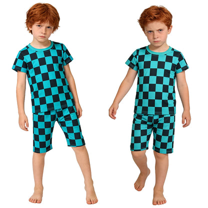 Kids Boys Girls Japanese Anime Style 2 Piece Pajama Set Short Sleeve Geometric Print Sleepwear Tanjiro Nezuko Zenitsu Loungewear