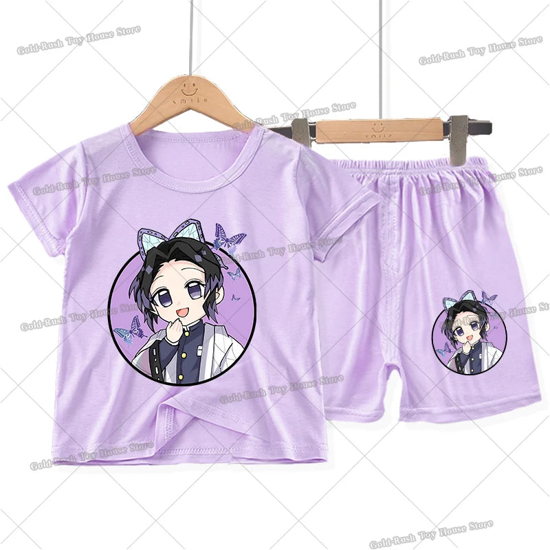 Demon Slayer Girl Pajamas Set Kamado Nezuko Kochou Shinobu Toddler Sleepwear 2pcs Cartoon Summer Home Tops Shorts Kids Pyjamas
