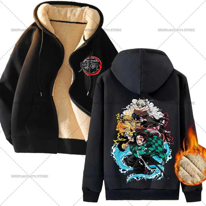 Fashion Clothes Anime Kimetsus No Yaibas Print Sweatshirt Men Women Demons Slayers Winter Loose Fleece Zipper Coat Hoodies Gift