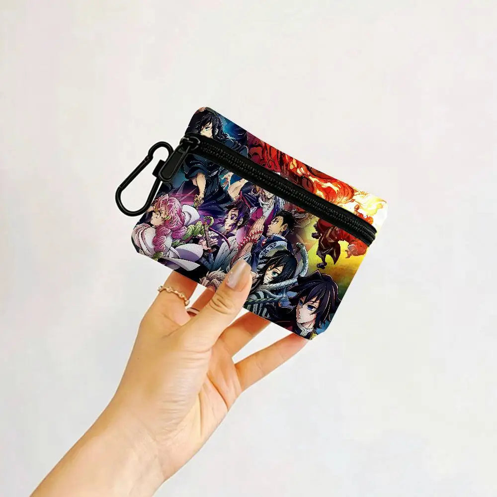 Anime D-DemonS Slayer Mini Oxford Cloth Coin Purse With Carabiner Hook Portable Key Card Wallet Small Zipper Storage Pouch