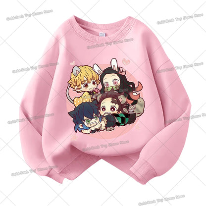 Demon Slayer Children Sweatshirt Kamado Nezuko Kochou Shinobu Autumn Sportswear for Girl Anime Tracksuit Cartoon Kids Pullovers