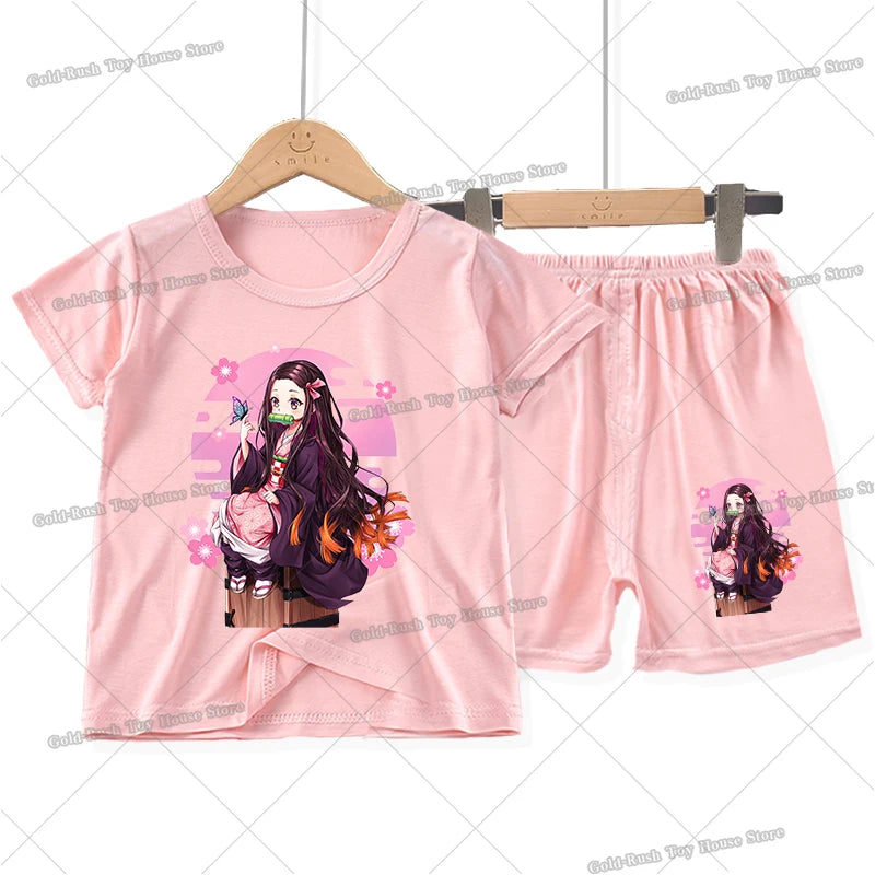 Demon Slayer Girl Pajamas Set Kamado Nezuko Kochou Shinobu Toddler Sleepwear 2pcs Cartoon Summer Home Tops Shorts Kids Pyjamas