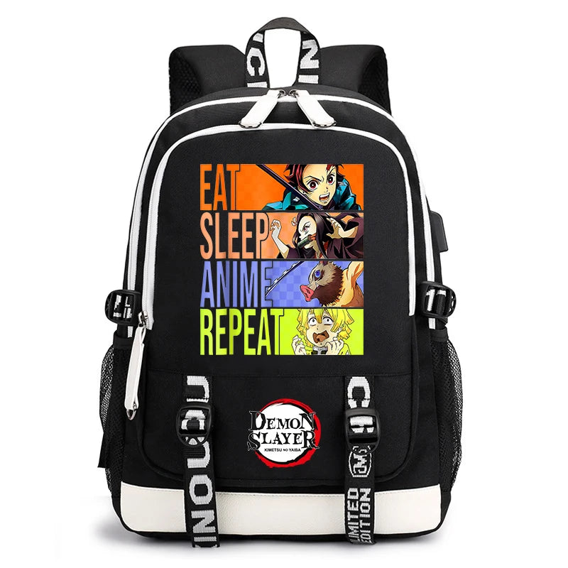 Demon Slayer Anime Print Student Backpack USB Charging Port Lightweight School Bag for Boys Girls