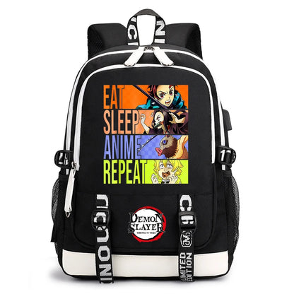 Demon Slayer Anime Print Student Backpack USB Charging Port Lightweight School Bag for Boys Girls