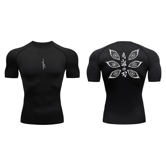 T-shirt de compression noir, coupe près du corps, vue de face avec petit motif de lame
