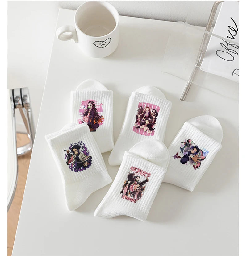 5pairs Demon Slayers Socks for Adult Cartoon Chopper Student Cotton White Long Short Boat Socks Printed Knitted Socks Fashion