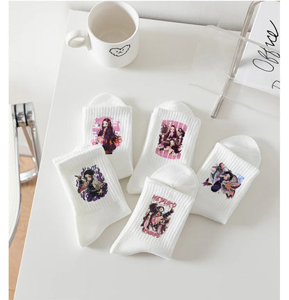 5pairs Demon Slayers Socks for Adult Cartoon Chopper Student Cotton White Long Short Boat Socks Printed Knitted Socks Fashion