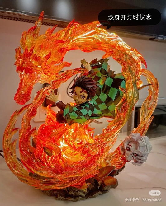 Demon Slayer 30cm Gk Statue Tanjirou Kamado Pvc Action Figure Fire Dragon Withled Light Anime Kimetsu No Yaiba Toys Figuras